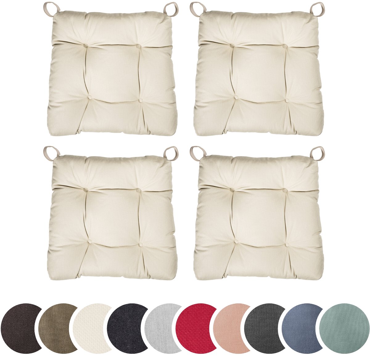 sleepling set van 4 stoelkussens Basic 20 | 40 (voorkant) / 35 (achterkant) x 38 x 7 cm | zitkussen voor binnen en buiten | hoes van 100% katoen | met klittenband | Made in EU | beige