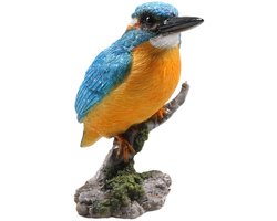 Farmwood Huis/tuin deco vogel beeldje - ijsvogel - op boomstronk - polystone - 9 x 15 cm