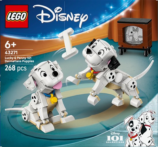 LEGO Disney set 43271 Lucky & Penny 101 Dalmatiërs met twee Dalmatiërs en een televisie.