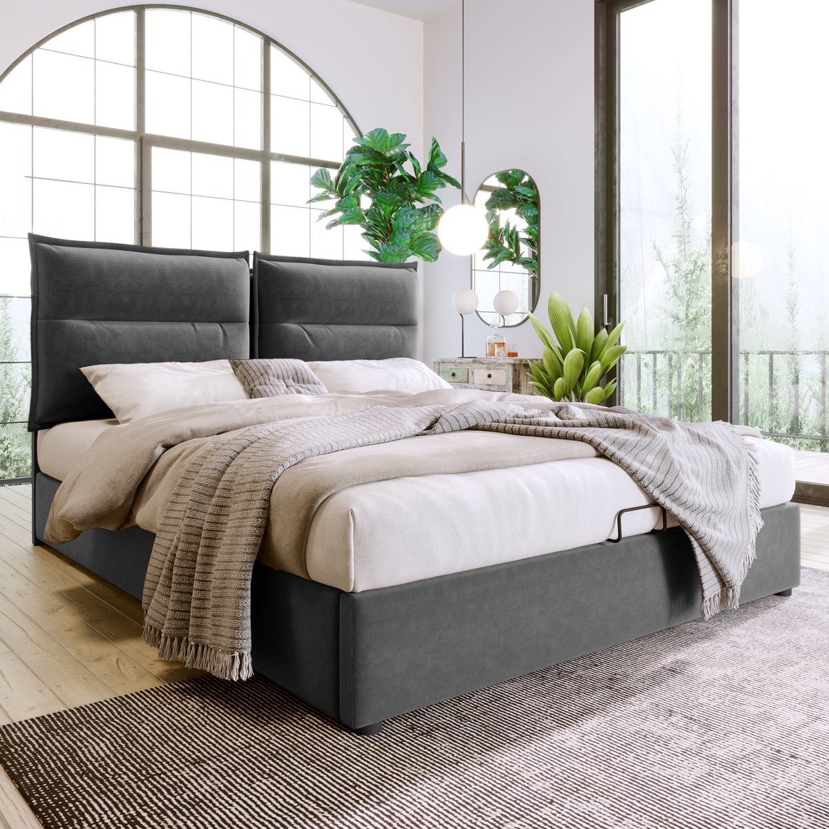 Tweepersoonsbed - gestoffeerd bed 140x200cm - verstelbaar hoofdeinde - modern bedframe met opbergruimte - grijs - zonder matras