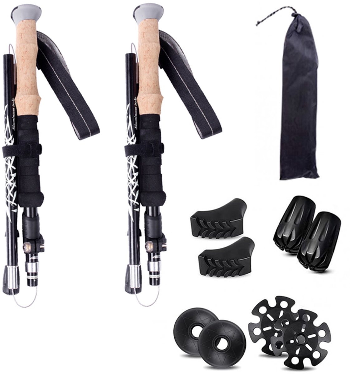 Aluminium Trekkingstokken - 2 stuks - Walking Stokken - Verstelbaar - Opvouwbaar - Met Accessoires - Voor Trekking, Nordic Walking, Outdoor - Zwart