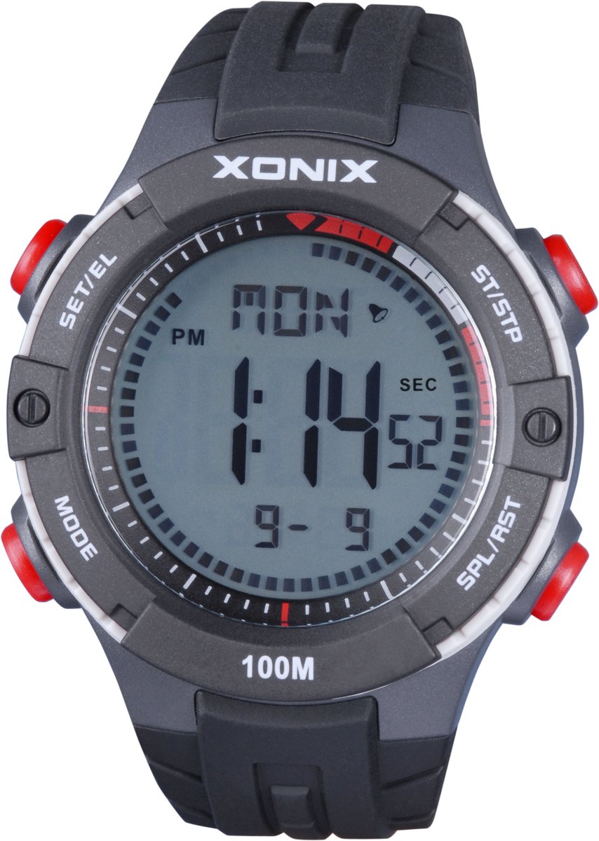 Xonix DAX-B06 - Horloge - Polshorloge - Digitaal - Heren - Mannen - Rond - Siliconen band - LCD - ABS - Cijfers - Achtergrondverlichting - Datumaanduiding - Alarm - Start-Stop - 12-24u - Tweede tijdzone - Waterdicht - Zwart - Grijs - Wit-Rood