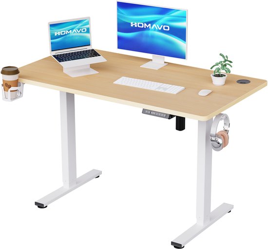 Zit-sta bureau elektrisch verstelbaar 120x60cm, Geheugenfunctie en anti-botsing, USB-A en TYPE C Poorten, Verstelbare Hoogte (Houtkleur)