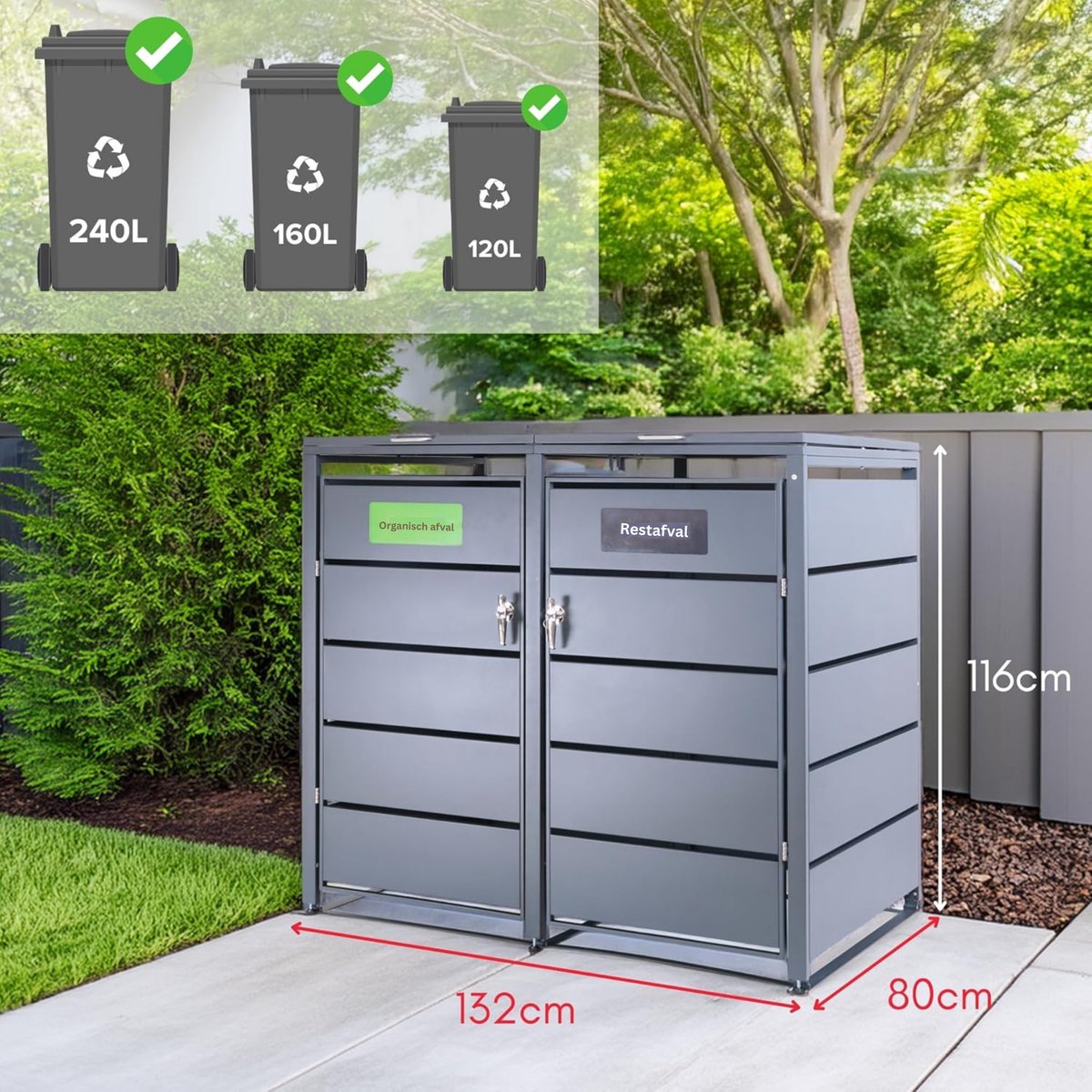 Albatros afvalcontainerbox voor 2 containers | tot 240 liter | antracietgrijs RAL 7016 | verzinkt staal | premium dempers | stickerset | weerbestendig | verstelbare poten | deurklink met slot | tuinbox — afbeelding 4