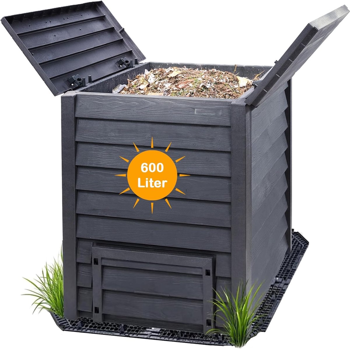 Yoursol Thermo Houtcompostbak 600 L, inclusief bodemrooster, kunststof tuincompostbak antracietbruin, thermocompostbak met bodemrooster, tuincompostbak, tuincompostbak