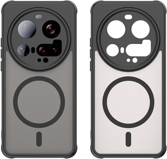 Zwarte telefoonhoes met magnetische cirkel en opening voor camera's.