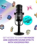 Zwarte Hercules microfoon omringd door virtuele gamepersonages. "GET 3 MONTHS OF VOICEMOD PRO".