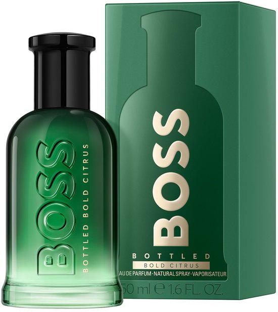 Groene BOSS BOTTLED BOLD CITRUS Eau de Parfum fles met doos. Tekst: BOSS BOTTLED BOLD CITRUS.