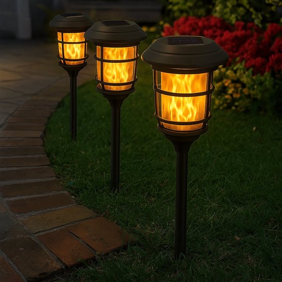Lumineo Solar Fakkel Met Vlam Effect - Tuinverlichting - 61.5 cm Zwart 72 led - Staande Buitenlamp Solar - Pets Place