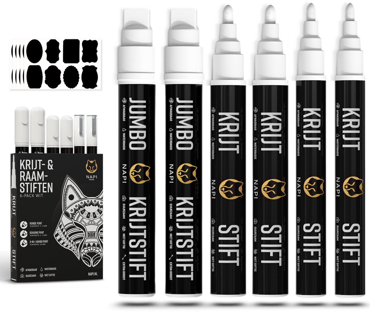 NAPI 6 Krijtstiften Wit - Afwasbaar - Raamstiften 3 - 10 mm - Krijtstift Markers voor Krijtbord & Raam - Whiteboard Stiften - Whiteboardmarkers – Glasstiften - Krijtmarker - Porselein - Glas - Incl. 40 Stickers