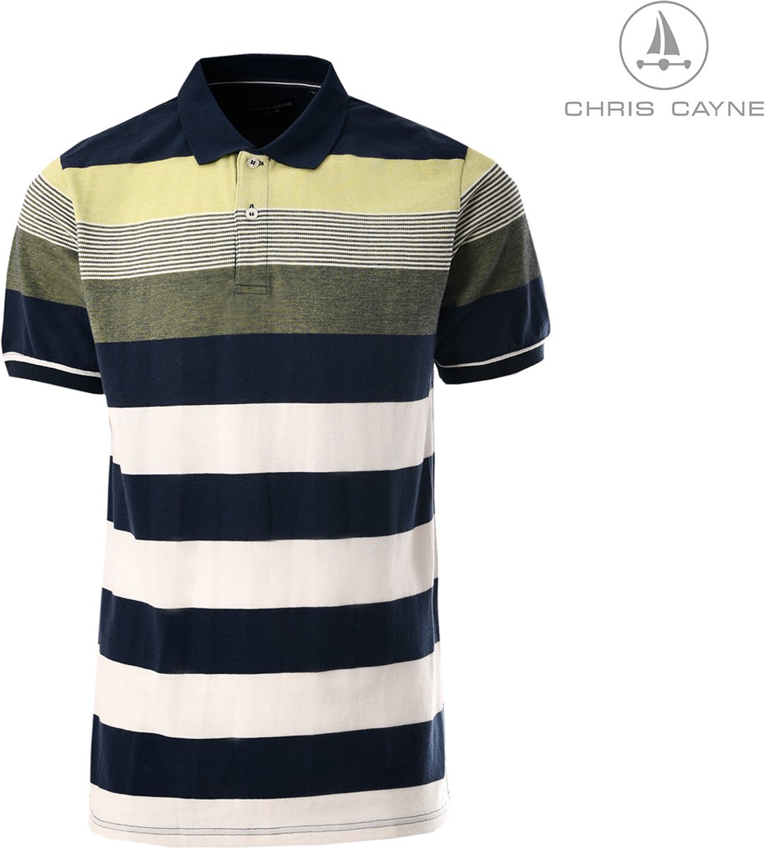 Chris Cayne heren polo shirt - M - blauw/groen/offwhite - korte mouwen - gestreept - pique - streeppatroon