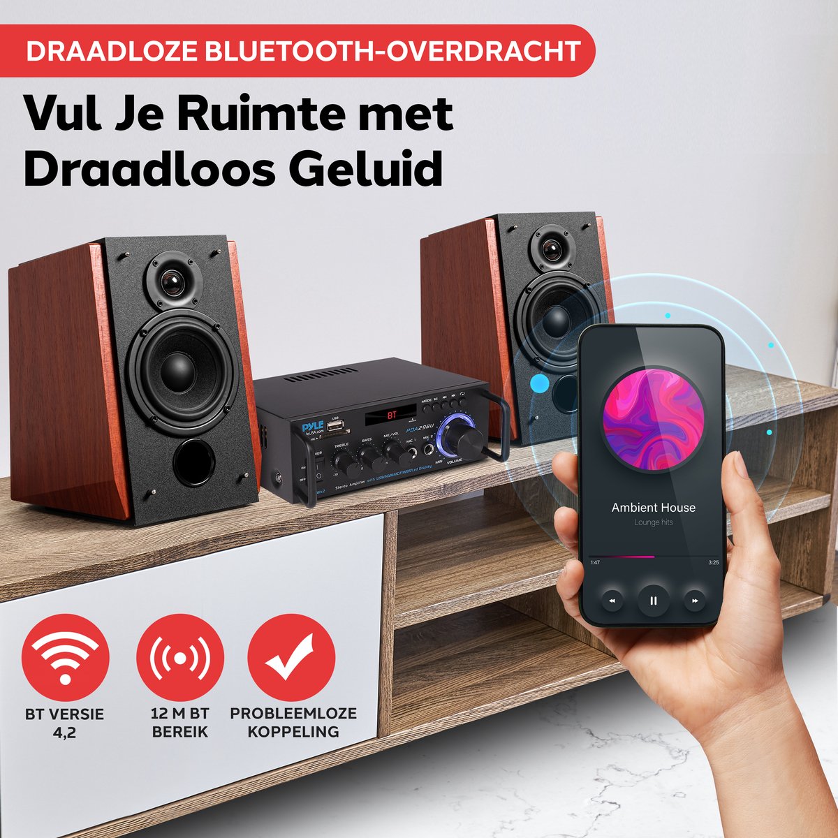 Pyle Amplificateur Stéréo Récepteur Audio Bluetooth pour Home Cinéma - 4 Canaux, Système Sonore de 800 Watts avec MP3, USB, SD, AUX, RCA, FM, MIC, Réverbération/Délai, Affichage LED du Volume