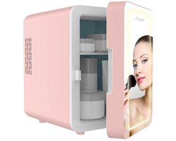 Jambo® Skincare Fridge - Mini Koelkast - Make-up Koelkast met Spiegel - Beauty Fridge met Spiegel en 3 Standen Ledverlichting - Roze - Cosmetica - 4 Liter