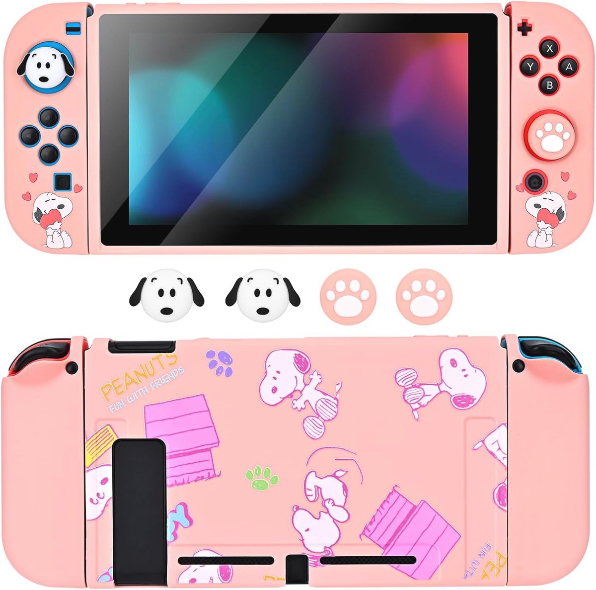 Zachte siliconen beschermhoes voor schakelaar met JoyCon en joystick covers - Roze en Wit