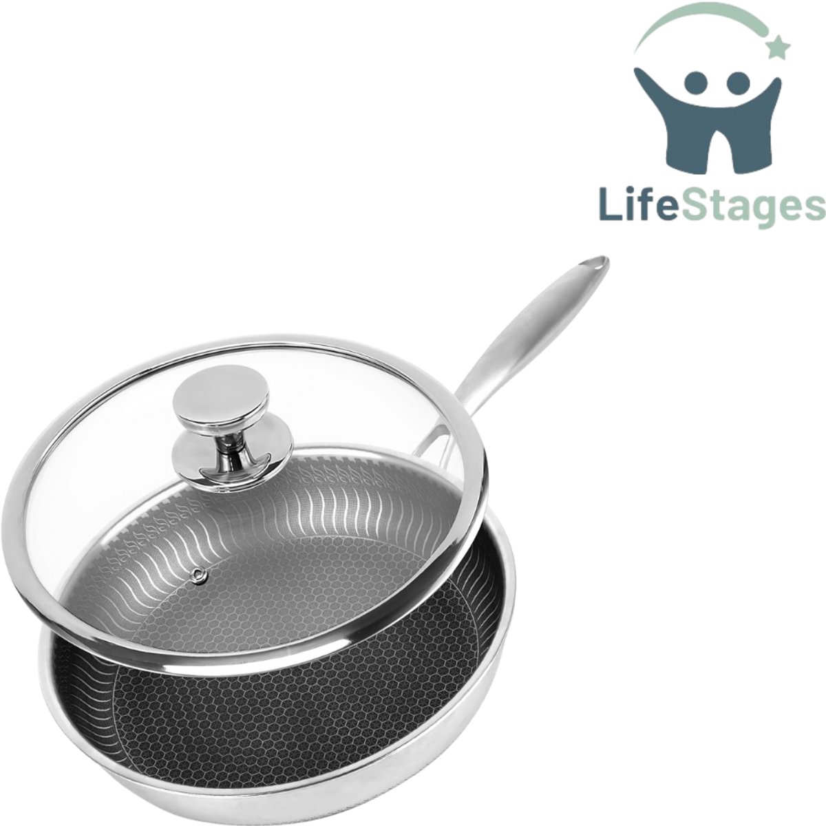 LifeStages - Hapjespan 28CM Met Deksel - Braadpan met Deksel - 28cm Roestvrijstalen Pan met Honingraatstructuur - Antiaanbaklaag - Afneembare Handgreep - Pannen om te Koken, Braden en Stoven - Geschikt voor Alle Warmtebronnen