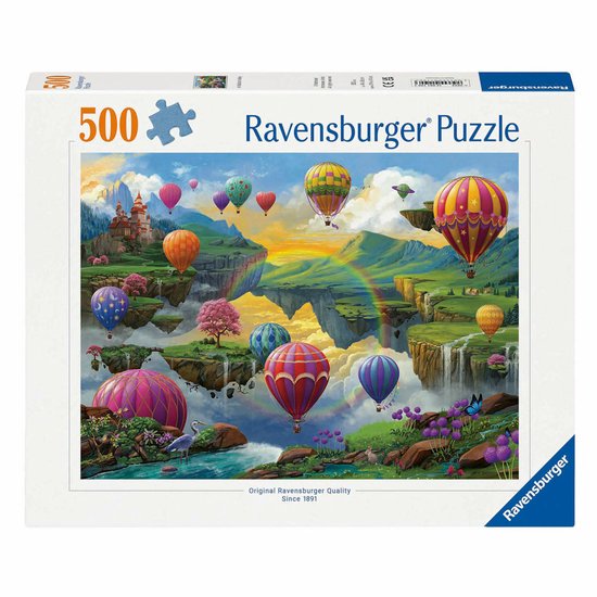 Ravensburger 500-stukjes puzzel met veelkleurige luchtballonnen die zweven over een fantasielandschap met watervallen en drijvende eilanden.