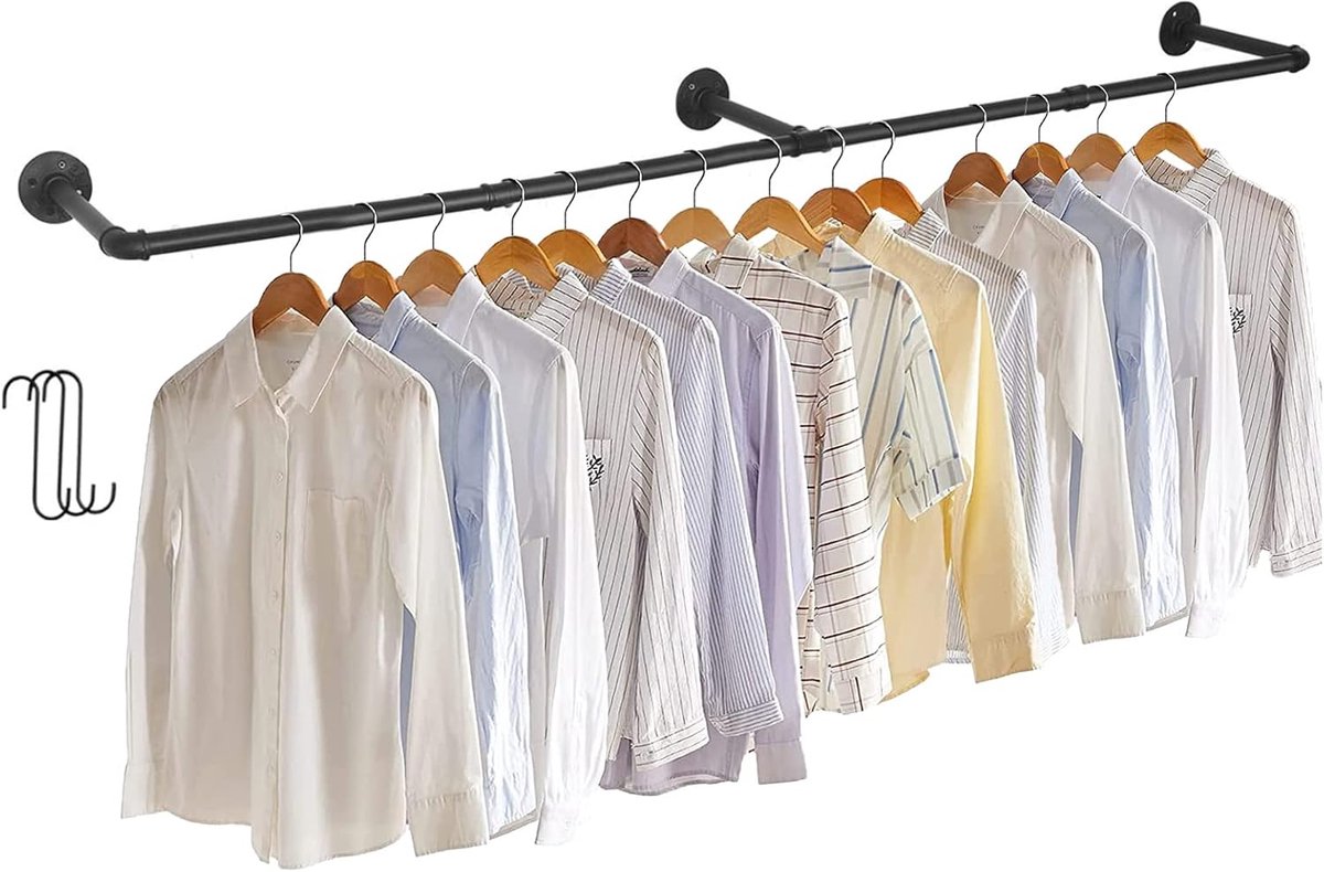 unho Industriële Wandgemonteerde Kledingstang – IJzeren Pijp Kledingrek –180 cm – 30 kg laden – Zwart