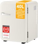 Crème TZS mini koelkast (40L) met retro design, hoogglans afwerking en LED-licht. Voorzien van 'Customer Champion 2025' en 'Outstanding Price Performance' stickers.