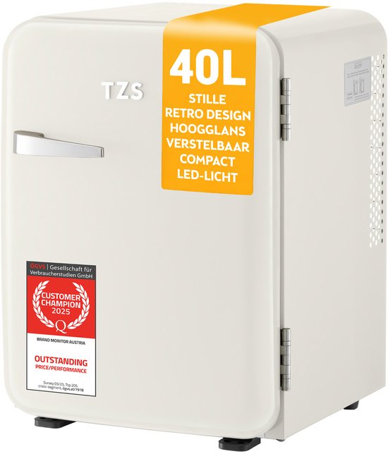 TZS First Austria Mini koelkast - Minibar - 40 liter - Vrijstaand - Volledig stil 22dB - Retro - Crème