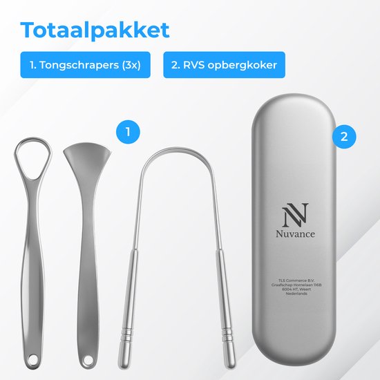 Nuvance Professionele Tongschraper - 3 in 1 Set - voor Mondverzorging - Tongreiniger - Tong Schraper - Tongue Scraper - RVS