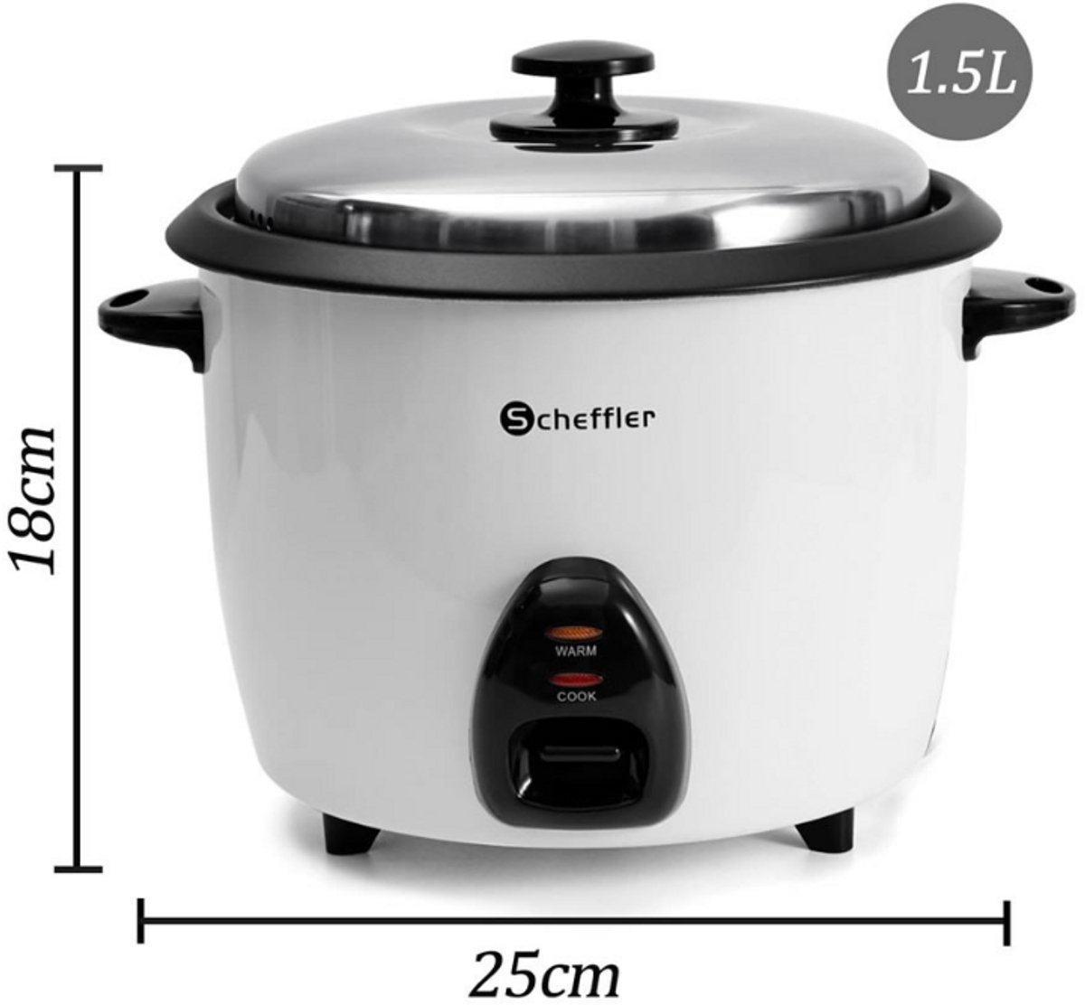 Scheffler Rijstkoker 1.5L – Kleine Multicooker met Warmhoudfunctie – Antiaanbaklaag – Inclusief Rijstlepel & Maatbeker – RVS Deksel – 500W – foto 4