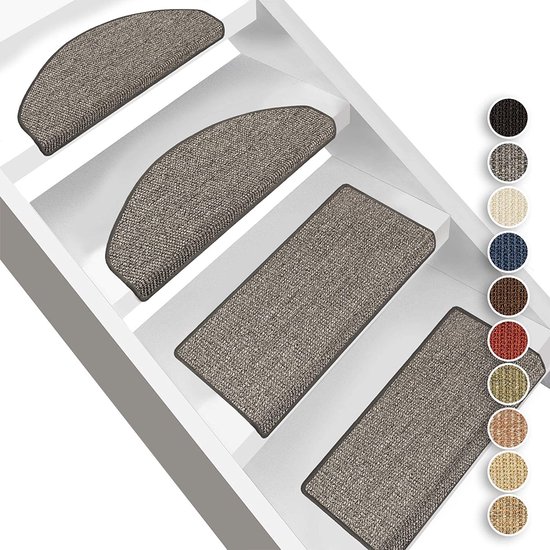 FLOORDIREKT Sisal-Trapmatten Pure Nature - Gewikkeld & Zelfklevend - 1 Stuk - 100 % Echt Sisal -In Halfrond of Rechthoekig - Grijs - Halfrond - 23,5 x 65 cm