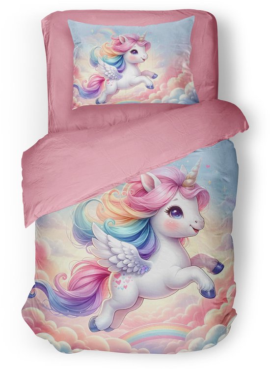 Eleganzzz Kinder Dekbedovertrek Rainbow Unicorn - Multi - 140x200/220cm - Dekbedovertrek Kinderen - Micropercal - Eenpersoons