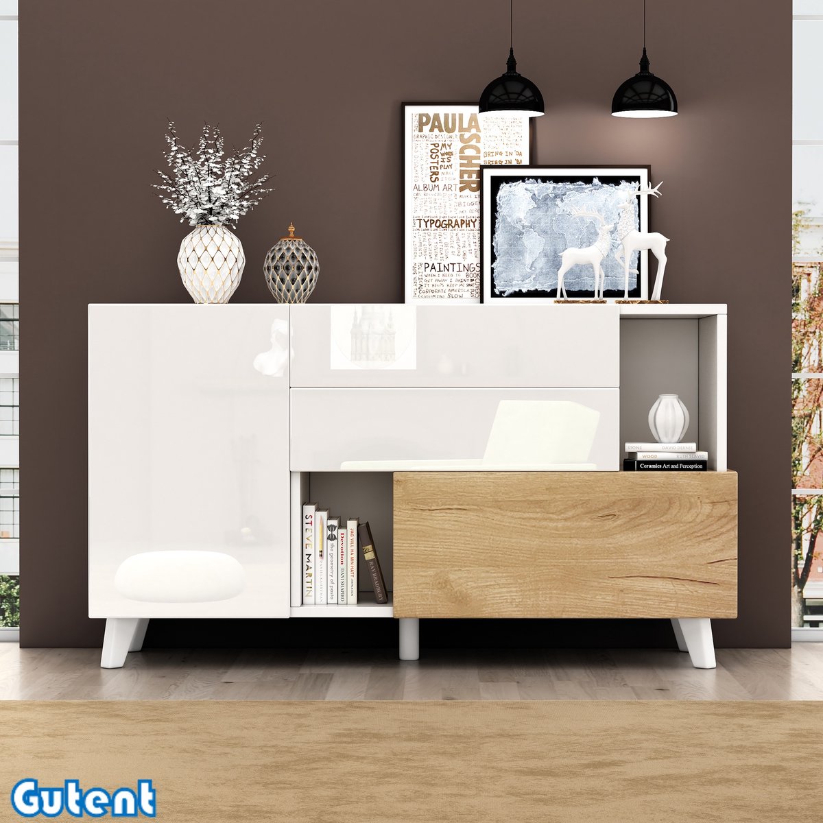 Gutent Dressoir - met opbergruimte - hoogglans - Wit Originele houtkleur - met opbergruimte