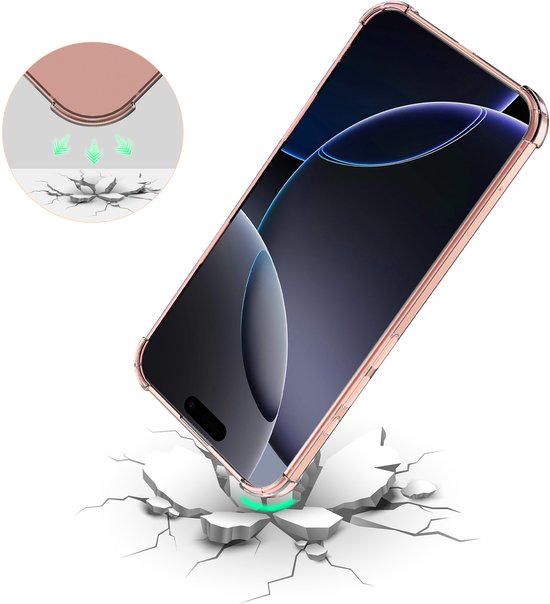 Lichtroze transparant hoesje voor iPhone 16 Pro Max dat een val simuleert met schokabsorberende weergave.