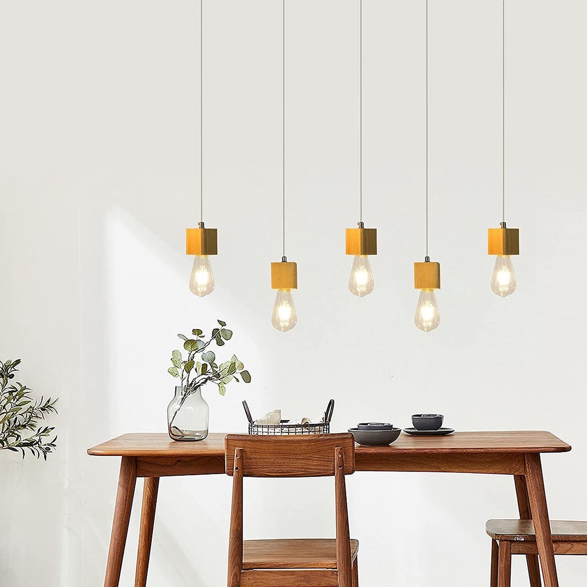 NETTLIFE Hanglamp - hout Design - 5-Lichts - vintage eettafel lamp - E27 fitting - voor eetkamer | woonkamer | keuken | restaurant | bar - zonder lamp