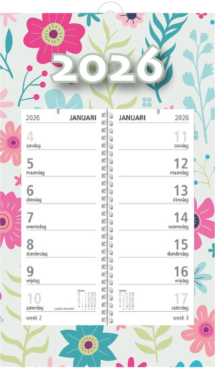 MGPcards - Omlegweekkalender 2026 - Week begint op zondag - 21 x 34 cm - Flowers - Grijs