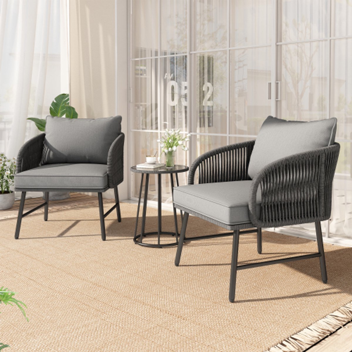 Tuinloungeset, salontafelset voor 4 personen met gegalvaniseerd ijzeren frame, tafelblad van gehard glas, verstelbare poten, inclusief alle zit- en rugkussens, grijs