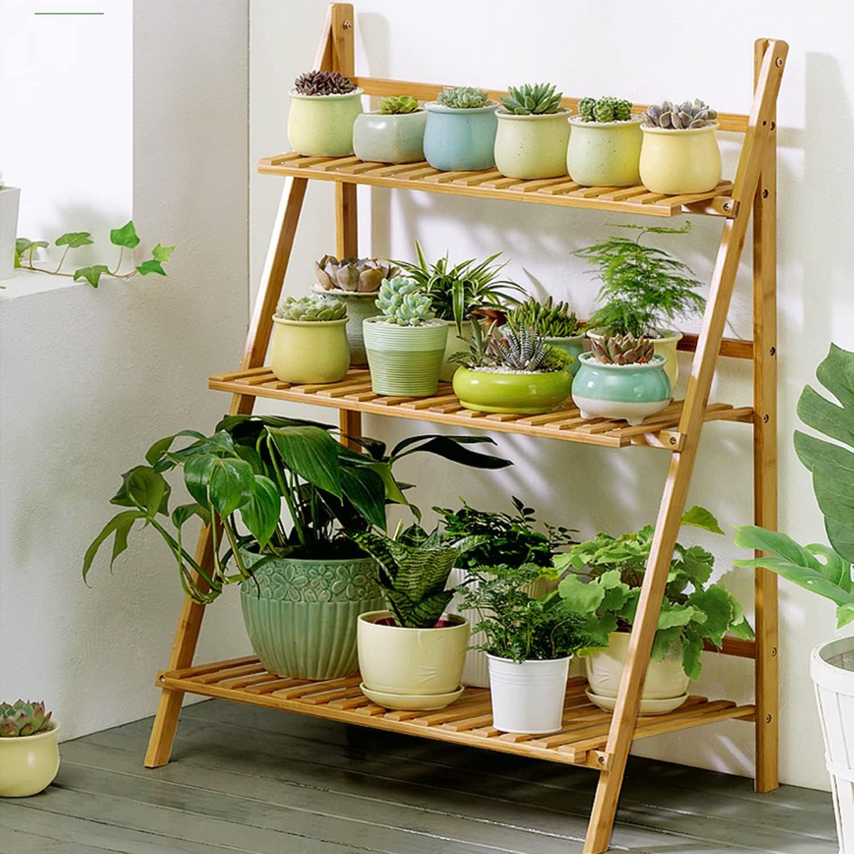 unho Bamboe Plantenstandaard - 3 Tier Plantenladder - Opvouwbaar Bloempot Display Planchet Rek voor Binnen Buiten Home Patio Gazon Tuin Balkon - Plantenhouder Organisator - 69 x 37 x 96cm