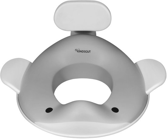 Lichtgrijze walvis-toiletverkleiner met rugsteun, oren en neus. Merknaam Kindsgut zichtbaar.