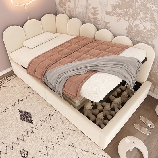 Méridienne capitonnée 90x190cm - Coffre hydraulique, velours, beige (sans matelas)