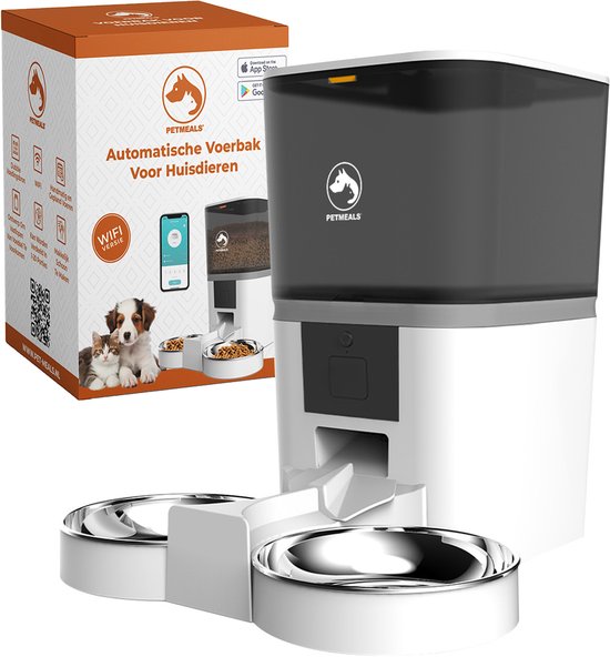 PetMeals.nl Automatische Voerbak Kat en Hond - Twee Voerbakken - met App - 6 L - Wit