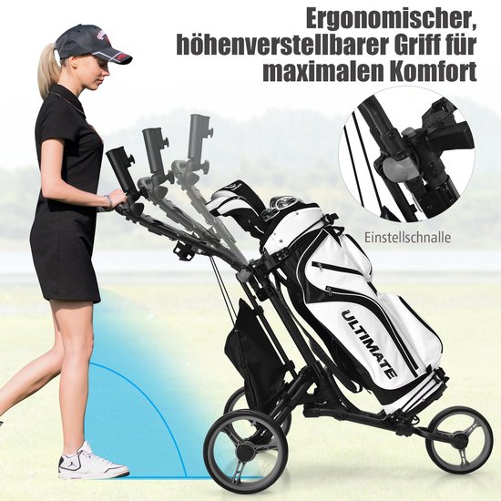 COSTWAY 3 Wielen Golf duwkar, Snel vouwen Golf Lopend Duwkar, Golftas Houder Met Tin Folie Gecoat Opbergtas, Elastische Riem, Verstelbare Paraplu & Beker Houder, Scorebord Opbergvak & Voetrem, Golftrolley voor Golfclubs — afbeelding 3