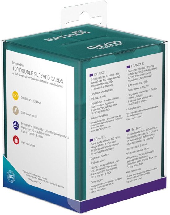 De verpakking van de Ultimate Guard Boulder Deck Case 100+. Toont pictogrammen voor duurzaamheid, zachte afwerking en veilige sluiting.