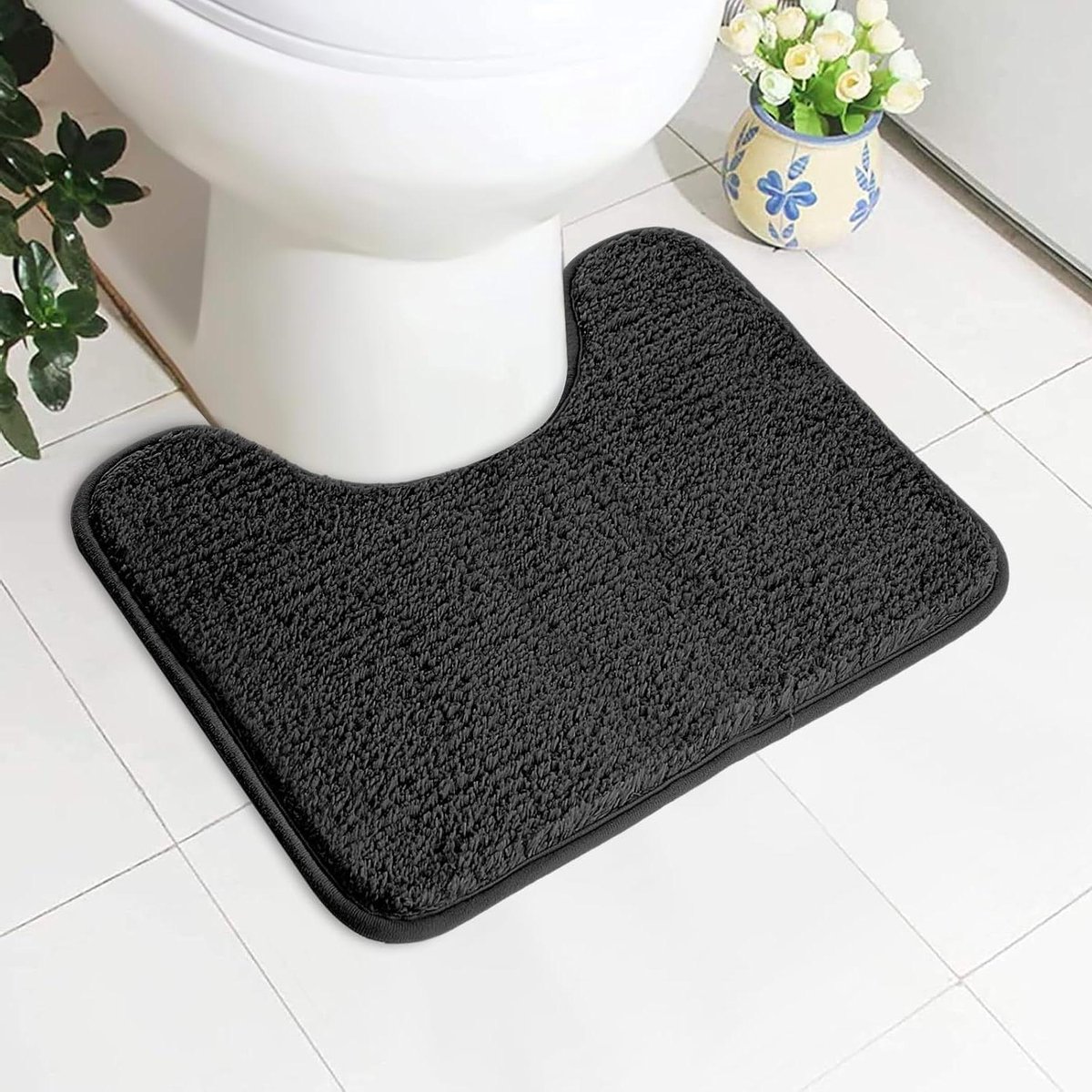 Absorberende toiletmat antislip extra zachte badkamermat microvezel pluizig ruig toilettapijt machinewasbaar sneldrogende badmat U-vorm dik toilettapijt 50 x 40 cm (zwart)