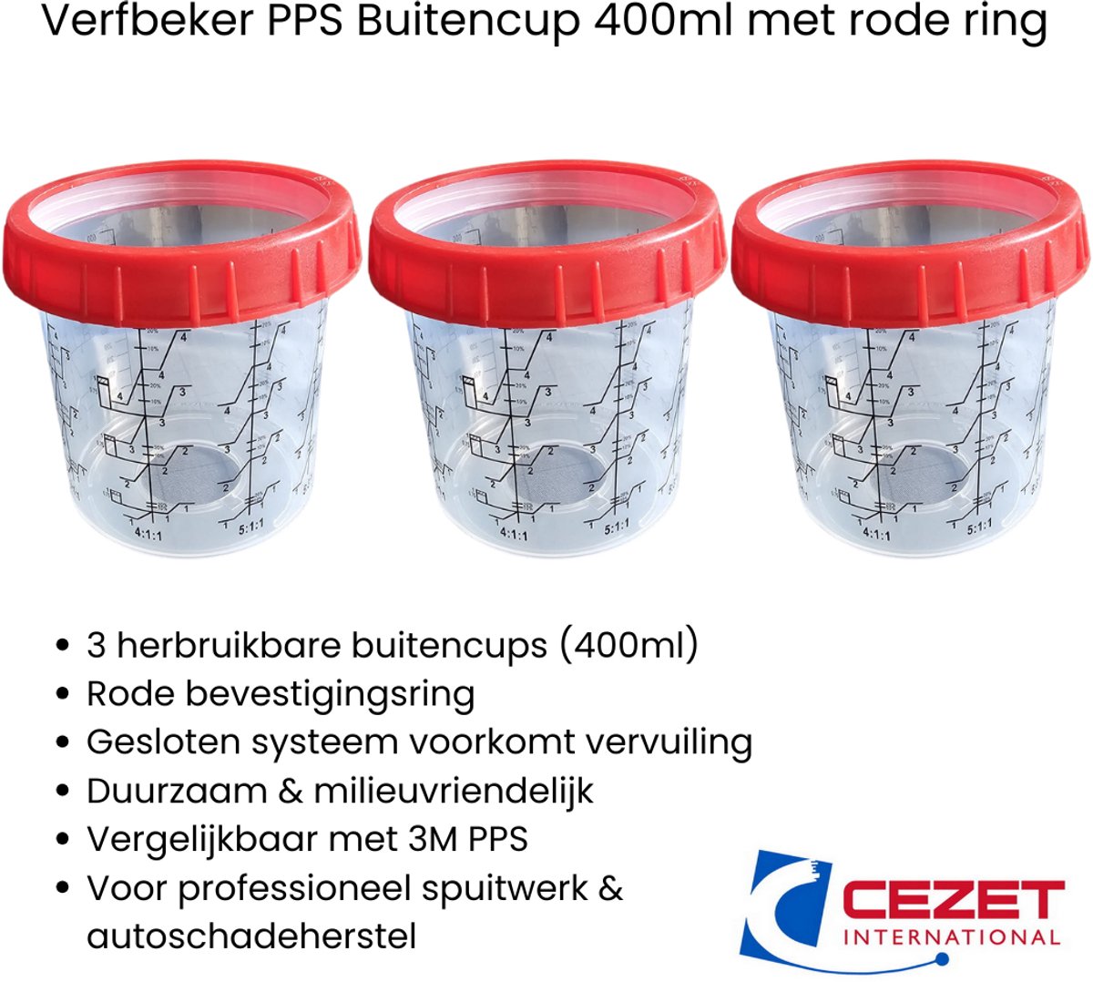 Verfbeker PPS Buitencup 400ml met Rood Ring – Duurzaam – Set van 3 – Vergelijkbaar met 3M – Autoschadeherstel
