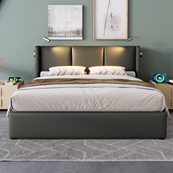 Lit double 160x200cm - Rangement, USB, tissu PU, sommier à lattes (sans matelas)