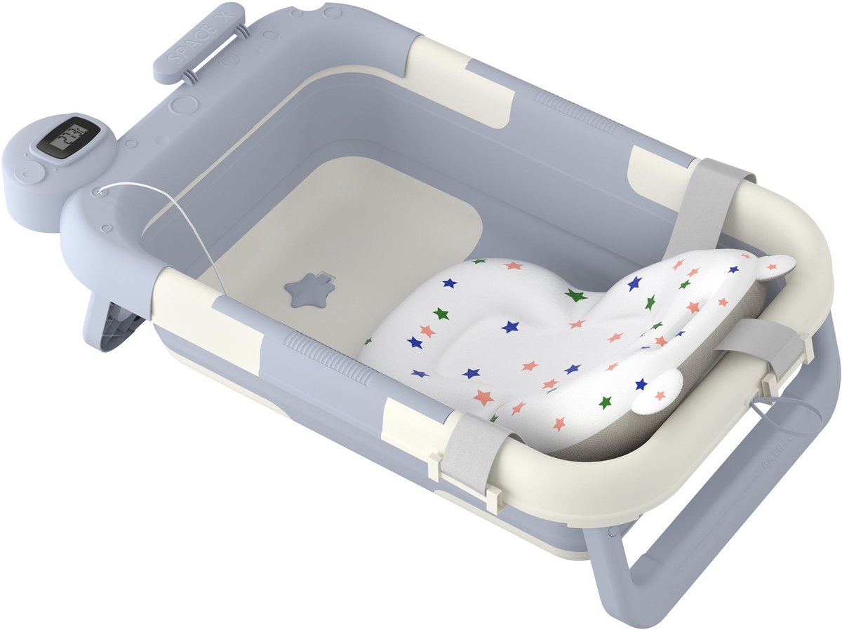 Aufun babybadje, antislip en opvouwbaar, draagbaar bad met digitale display, lichtblauw