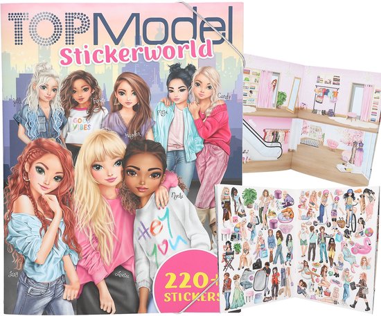 Een stickerboek met de titel 'TOPModel Stickerworld' en zeven TOPModels, naast een uitklapbaar deel met modewinkels.