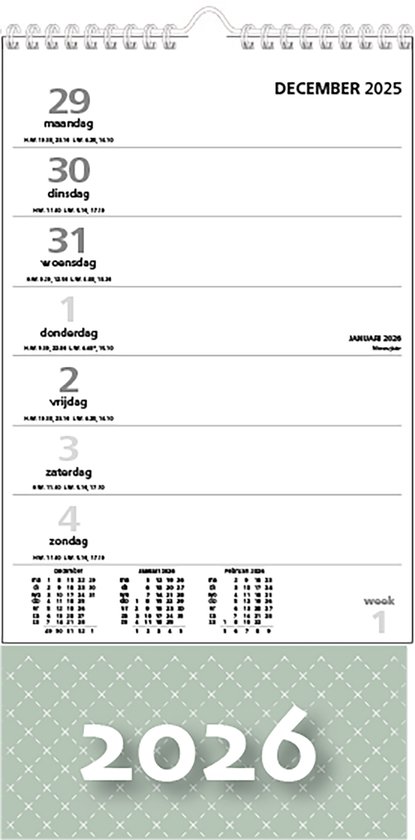 MGPcards - XL Minikalender 2026 - Week begint op maandag - 16 x 30 cm - Grijs groen