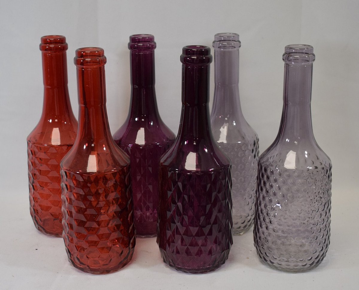 ZoeZo Design - 6 stuks - decoratie fles - sierfles - 3 tinten - vaas - kandelaar - rood - lila - bordeaux - H 23 x Ø 8 cm - glas