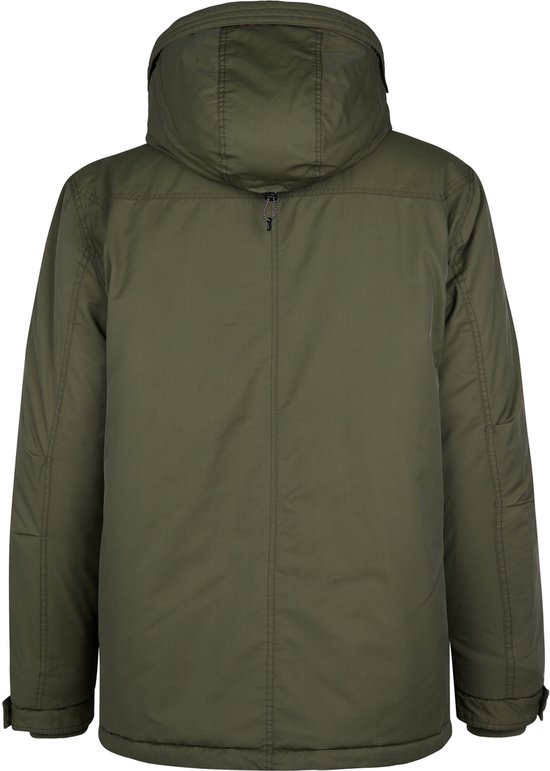 Groene herenparka, achterkant met capuchon en rits.
