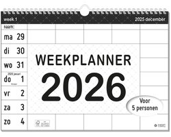 MGPcards - Familieplanner 2026 - 5 personen - Weekplanner - Gezinsplanner 2026 - Family Planner - 29.7 x 21 cm - Zwart