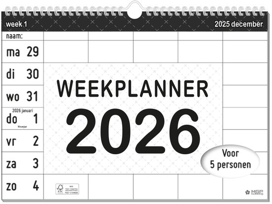 MGPcards - Familieplanner 2026 - 5 personen - Weekplanner - Gezinsplanner 2026 - Family Planner - 29.7 x 21 cm - Zwart