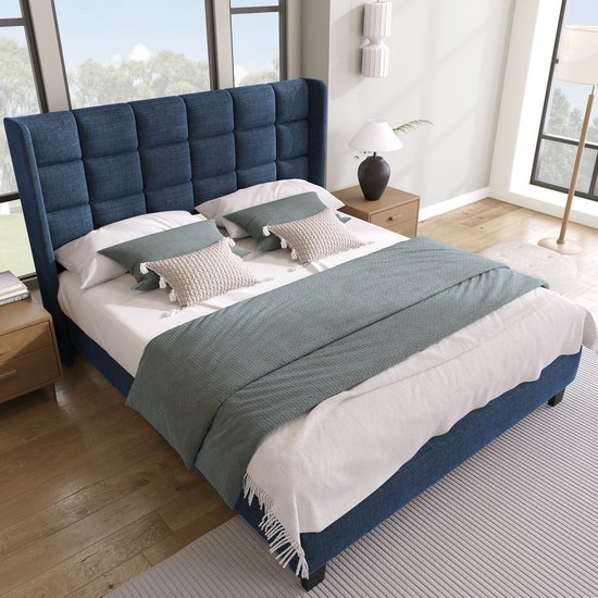 Lit capitonné Lit double 140x200cm - Tête de lit capitonnée, lin, bleu, sommier à lattes (sans matelas)