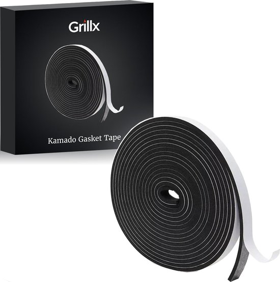 Grillx Kamado Gasket Tape: een rol zwart vilt met witte schutfolie, naast een zwart doosje met logo.